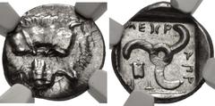 Greek DYNASTS of LYCIA. Mithrapata. Circa 390-370 BC. AR Sixth Stater. Uncertain mint. Lion scalp facing / Triskeles; astragalos in one section; all within incuse square. Müseler VII 83. In NGC encaps