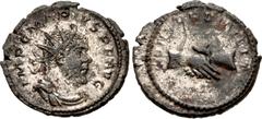Roman Imperial Marius. Romano-Gallic Emperor, AD 269. Antoninianus (21.5mm, 4.16 g, 12h). Treveri (Trier) mint. 2ns emission, mid AD 269. Radiate, draped, and cuirassed bust right / Clasped right hand