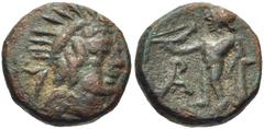 LYCIA, Arykanda. 2nd century BC. Æ 13mm (2.93 g, 1h). Radiate head of Sozon(?) right / Apollo standing left, holding bow, resting elbow on column behind him; monogram to left. SNG Copenhagen 47-9; SNG