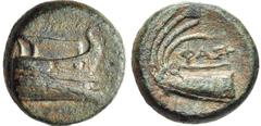 LYCIA, Phaselis. Circa 250-221/0 BC. Æ 15mm (5.18 g, 6h). 1st series, circa 221/0 BC. Prow of galley right / Stern of galley left. Heipp-Tamer B2; SNG Copenhagen 122 var. (symbol). VF, green patina. F