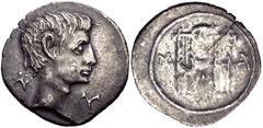 LYCIA, Masicytes. Augustus. 27 BC-AD 14. AR Drachm (19mm, 3.29 g, 1h). Struck circa 27-18 BC. Bare head right / Two lyres; plectrum above. Troxell, Lycia 119; RPC 3309. VF, minor porosity, flan crack.