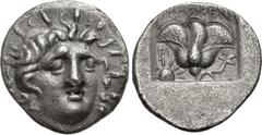 Greek ISLANDS off CARIA, Rhodos. Rhodes. Circa 170-150 BC. AR Hemidrachm (13mm, 1.38 g, 12h). 'Plinthophoric' coinage. Thrasymenes, magistrate. Radiate head of Helios facing slightly right / Rose with