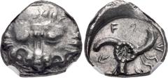 Greek DYNASTS of LYCIA. Vekhssere II. Circa 410/00-390/80 BC. AR Third Stater. Uncertain mint. Lion scalp facing / Triskeles, monogram(?) in center. Müseler –; Podalia 8–10. In NGC encapsulation 46822
