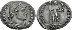 Roman Imperial Valens. AD 364-378. AR Siliqua (18.5mm, 2.08 g, 12h). Lugdunum (Lyon) mint, 1st officina. Struck AD 365-366. Pearl-diademed, draped, and cuirassed bust right / Valens standing facing, h