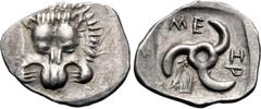 Greek DYNASTS of LYCIA. Mithrapata. Circa 390-370 BC. AR Sixth Stater (14.5mm, 1.13 g). Uncertain mint. Facing lion scalp / Triskeles; arrow in one section; all within incuse square. Müseler VII 86–90