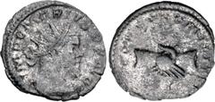 Roman Imperial Marius. Romano-Gallic Emperor, AD 269. AR Antoninianus (19mm, 3.28 g, 12h). Treveri (Trier) mint. 2nd emission, circa mid AD 269. Radiate, draped, and cuirassed bust right / Clasped rig