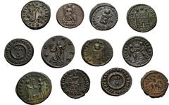 Large Lots ROMAN. Imperial. Lot of twelve (12) late Roman bronze issues. Includes: various types and rulers, mostly Æ Folles from Maximianus to Theodosius I. A good mix with better quality examples. W