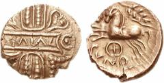 CELTIC, Britain. Trinovantes & Catuvellauni. Cunobelin. Circa AD 10-43. AV Quarter Stater (1.40 g, 10h). Camulodunum mint. First issue. CAMVL (ligate) on central panel; pellet-in-annulets flanking, op