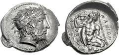 SICILY, Naxos. Circa 430-420 BC. AR Tetradrachm (16.72 g, 8h). Bearded head of Dionysos right, wearing stephanos ornamented with ivy wreath, hair hanging in loose curly locks / Satyr squatting facing 