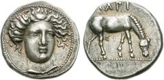 THESSALY, Larissa. Circa 400-380 BC. AR Drachm (6.13 g, 1h). Head of the nymph Larissa facing slightly right, hair in ampyx / Horse grazing right; ΛARI above, ΣI below. L-S O91/R1, specimen b (this co