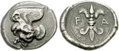 ELIS, Olympia. 78th-82nd Olympiad. 468-452 BC. AR Stater (11.74 g, 7h). Eagle flying left, wings spread above, clutching dead hare in its talons; c/m: incuse cross with raised pellet in center / Thund