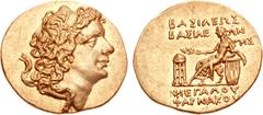 KINGS of BOSPOROS. Pharnakes. Circa 63-46 BC. AV Stater (8.11 g, 12h). Pantikapaion mint. Dated Pontic Era 243 (55/4 BC). Diademed head right / BAΣIΛEΩΣ BAΣIΛEΩN MEΓAΛOY ΦAPNAKOY, Apollo seated left o
