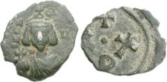 Justinian II. First reign, 685-695. Æ Half Follis (2.71 g). Class 1. Carthage mint. Dated RY 2 (686/7). IV[...], crowned and draped facing bust, holding globus cruciger, crown topped with cross; A/N/N