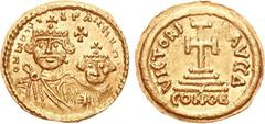 AVARS. Uncertain king. 6th-7th centuries AD. AV Solidus (4.33 g, 6h). Imitating Ravenna mint types of Heraclius. D ИND C V C IPΛILhVΩ, crowned, draped, and cuirassed facing busts of Heraclius, with sh