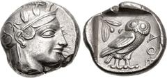 Greek ATTICA, Athens. Circa 454-404 BC. AR Tetradrachm (24mm, 17.13 g, 8h). Helmeted head of Athena right, with frontal eye / Owl standing right, head facing, closed tail feathers; olive sprig and cre