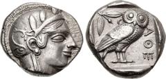 Greek ATTICA, Athens. Circa 454-404 BC. AR Tetradrachm (24.5mm, 17.14 g, 4h). Helmeted head of Athena right, with frontal eye / Owl standing right, head facing, closed tail feathers; olive sprig and c