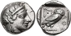 Greek ATTICA, Athens. Circa 454-404 BC. AR Tetradrachm (24mm, 17.15 g, 11h). Helmeted head of Athena right, with frontal eye / Owl standing right, head facing, closed tail feathers; olive sprig and cr