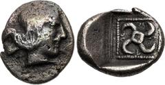 Greek DYNASTS of LYCIA. Teththiweibi. Circa 450-430/20 BC. AR Obol (9mm, 0.67 g). Phellos mint. Head of Aphrodite right / Tetraskeles; T-E-Th-Th (in Lycian) retrograde around; all in dotted square wit