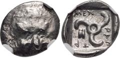 Greek DYNASTS of LYCIA. Mithrapata. Circa 390-370 BC. AR Sixth Stater. Uncertain mint. Lion scalp facing / Triskeles; astragalos in one section; all within incuse square. Müseler VII, 83. In NGC encap