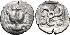 Greek DYNASTS of LYCIA. Mithrapata. Circa 390-370 BC. AR Sixth Stater (12.5mm, 1.10 g). Uncertain mint. Facing lion scalp / Triskeles; arrow in one section; all within incuse square. Müseler VII 86–8 