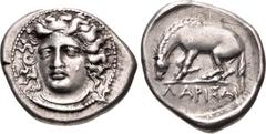 Greek THESSALY, Larissa. Circa 400-370 BC. AR Drachm (20.5mm, 6.04 g, 3h). Head of the nymph Larissa facing slightly left, hair in ampyx / Horse standing left, preparing to lie down. L-S Group 7, Head