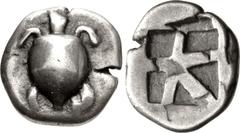 Greek ISLANDS off ATTICA, Aegina. Circa 525-480 BC. AR Hemidrachm (13mm, 2.71 g, 11h). Sea turtle, head in profile, with thick collar and [row of dots down its back] / Small square incuse with skew pa