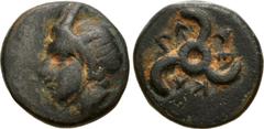 Greek DYNASTS of LYCIA. Perikles. Circa 380-360 BC. Æ (12mm, 2.12 g). Uncertain mint. Horned head of Pan left / Triskeles. Müseler VIII, 52–5; Falghera 219–23; SNG von Aulock 4257–8. Earthen dark gree