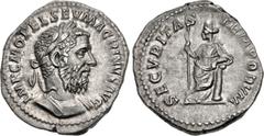 Roman Imperial Macrinus. AD 217-218. AR Denarius (20mm, 3.45 g, 6h). Rome mint. 2nd emission, AD 217-218. Laureate and cuirassed bust right / Securitas standing facing, head left, leaning upon column 