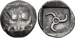 Greek DYNASTS of LYCIA. Aruwatijesi. Circa 400-370 BC. AR Sixth Stater (13mm, 1.30 g). Zagaba mint. Lion scalp facing / Triskeles; Z (mint mark) in one section; all within incuse square. Müseler VII 6