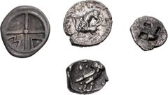 Large Lots GREEK. Miscellaneous. Lot of four (4) silver fractions. Includes: GAUL, Massalia. AR Obol // ISLANDS off THRACE, Thasos. AR Obol // PHOENICIA, Byblos. AR 1/16 Shekel // PHILISTIA. AR Obol. 