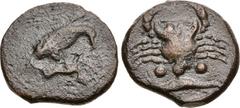 Greek SICILY, Akragas. Circa 415-406 BC. Æ Tetras (23mm, 7.48 g, 1h). Eagle standing right, tearing at hare / Crab; below, three pellets over crayfish facing left. Westermark, Coinage, Series D, 869 (