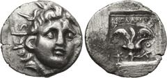 Greek ISLANDS off CARIA, Rhodos. Rhodes. Circa 125-88 BC. AR Hemidrachm (12.5mm, 1.40 g, 12h). 'Plinthophoric' coinage. Melantas, magistrate. Radiate head of Helios facing slightly right / Rose with b