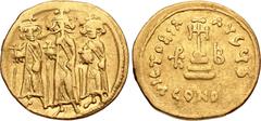 Byzantine Heraclius, with Heraclius Constantine and Heraclonas. 610-641. AV Solidus (20mm, 4.32 g, 6h). Constantinople mint, 6th officina. Dated IY 12 (638/9). Crowned figures of Heraclonas, Heraclius