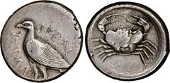 Greek SICILY, Akragas. Circa 465/0–445/0 BC. AR Tetradrachm (25mm, 17.04 g, 7h). Sea eagle standing left / Crab, with carapace in the form of a human face, within incuse circle. Westermark, Coinage, P