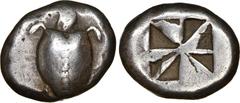 Greek ISLANDS off ATTICA, Aegina. Circa 525/0-500 BC. AR Stater (18mm). Sea turtle, head in profile, with thin collar, row of dots down its back, and thin legs / Deep incuse square of "Union Jack" pat