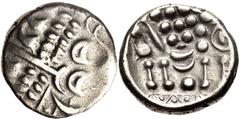 CELTIC, Britain. Durotriges. Uninscribed. Circa 65 BC-AD 45. AR Stater (19mm, 5.46 g, 10h). Durotrigan E, Abstract type. Devolved head of Apollo right / Disjointed horse left; pellets above, pellet be