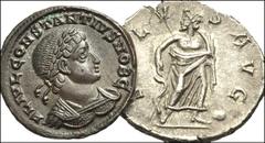 ROMAN. Imperial. Antoninianus of Postumus and Follis of Constantius II. Includes: Postumus. Romano-Gallic Emperor, AD 260-269. Antoninianus. Lugdunum(?) mint. Radiate and draped bust right / Asclepius