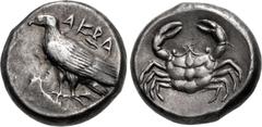 Greek SICILY, Akragas. Circa 495-485 BC. AR Didrachm (18mm, 8.99 g, 8h). Sea eagle standing left / Crab within incuse circle. Westermark, Coinage, Period I, Group II, 125.1 (O51/R79 – this coin, illus