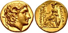 Greek KINGS of THRACE, Macedonian. Lysimachos. 305-281 BC. AV Stater (18mm, 8.58 g, 10h). Amphipolis mint. Struck 288/7-282/1 BC. Diademed head of the deified Alexander right, with horn of Ammon / BAΣ