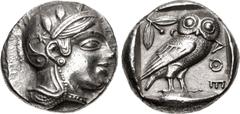Greek ATTICA, Athens. Circa 454-404 BC. AR Tetradrachm (24mm, 17.09 g, 4h). Helmeted head of Athena right, with frontal eye / Owl standing right, head facing, closed tail feathers; olive sprig and cre