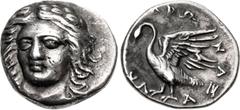 Greek IONIA, Klazomenai. Circa 380-360 BC. AR Hemidrachm (13mm, 1.99 g, 6h). Mandronax, magistrate. Laureate head of Apollo facing slightly left, drapery around neck / Swan standing left, wings spread