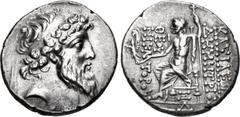 Greek SELEUKID EMPIRE. Demetrios II Nikator. Second reign, 129-125 BC. AR Tetradrachm (28mm, 16.32 g, 12h). Damaskos mint. [Dated SE 185 (128/7 BC)]. Diademed head right / Zeus Nikephoros seated left;