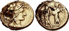 Roman Republican The Pompeians. Q. Cornuficius. Spring-early summer 42 BC. Gilt AR Denarius (19mm, 3.86 g, 5h). North African mint, possibly Utica. Draped bust of Africa right, wearing elephant-skin h