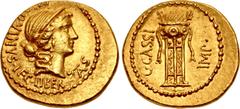 Roman Republican The Republicans. C. Cassius Longinus. Spring 42 BC. AV Aureus (19.5mm, 7.84 g, 12h). Military mint (Smyrna?); M. Aquinus, legate. Diademed head of Libertas right; M • AQVINVS • LEG • 