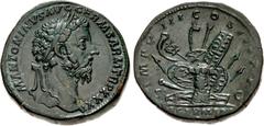 Roman Imperial Marcus Aurelius. AD 161-180. Æ Sestertius (31mm, 25.98 g, 11h). Rome mint. Struck AD 177. Laureate head right / DE GERMANI[S] in exergue, Pile of arms of defence and offense: cuirass, s