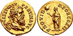 Roman Imperial Pertinax. AD 193. AV Aureus (20mm, 7.43 g, 12h). Rome mint. 2nd emission. IMP CAES P HELV PERTIN AVG, laureate and draped bust right / PROVID DEOR COS II, Providentia, draped, standing 