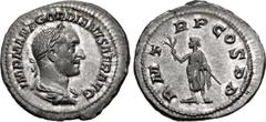 Roman Imperial Gordian I. AD 238. AR Denarius (21mm, 3.42 g, 6h). Rome mint. Struck 1-22 April. IMP M ANT GORDIANVS AFR AVG, laureate, draped, and cuirassed bust right / P M T R P COS P P, Gordian I, 