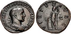 Roman Imperial Gordian II. AD 238. Æ Sestertius (30mm, 19.21 g, 12h). Rome mint. Struck 1-22 April. Laureate, draped, and cuirassed bust right / Virtus, helmeted, in military attire, standing left, ho