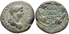 LYDIA, Philadelphia. Domitia. Augusta, AD 82-96. Æ 20mm (5.08 g, 11h). Draped bust right / Legend in four lines within laurel wreath. RPC 1340; SNG Copenhagen 378; BMC 63. Fine, green patina, a few sc