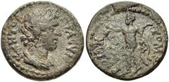 LYDIA, Tomaris. Pseudo-autonomous issue. 3rd century AD. Æ 22mm (3.04 g, 7h). Draped bust of the Senate right / TOMA-P[H]N[Ω]N, male figure advancing left (Perseus carrying head of Medusa and harpa?).